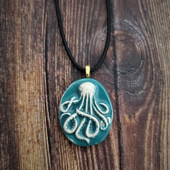 Handmade Ceramic Turquoise Octopus Kraken Pendant Necklace - Picture 14 of 14